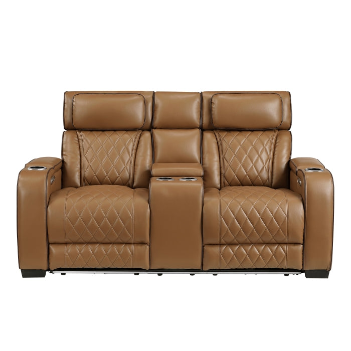 Homelegance 9516BRW-2PWH Fairway Brown Power Double Reclining Love Seat with Center Console