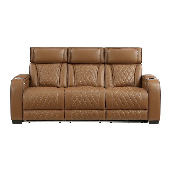 Homelegance 9516BRW-3PWH Fairway Brown Power Double Reclining Sofa with Center Drop-Down Cup Holders