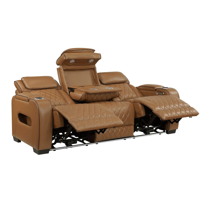 Homelegance 9516BRW-3PWH Fairway Brown Power Double Reclining Sofa with Center Drop-Down Cup Holders