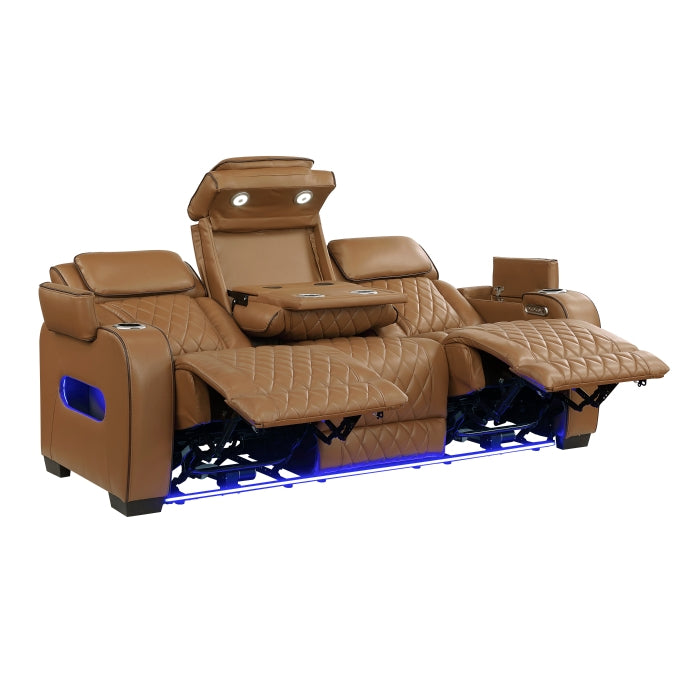 Homelegance 9516BRW-3PWH Fairway Brown Power Double Reclining Sofa with Center Drop-Down Cup Holders