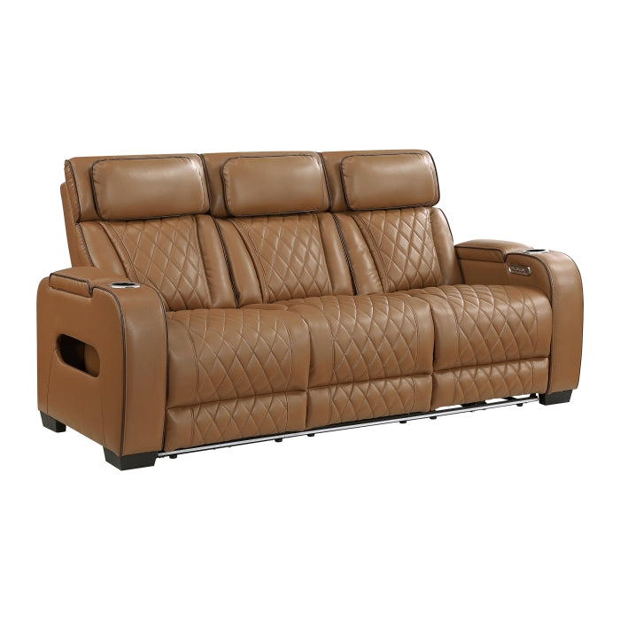 Homelegance 9516BRW-3PWH Fairway Brown Power Double Reclining Sofa with Center Drop-Down Cup Holders