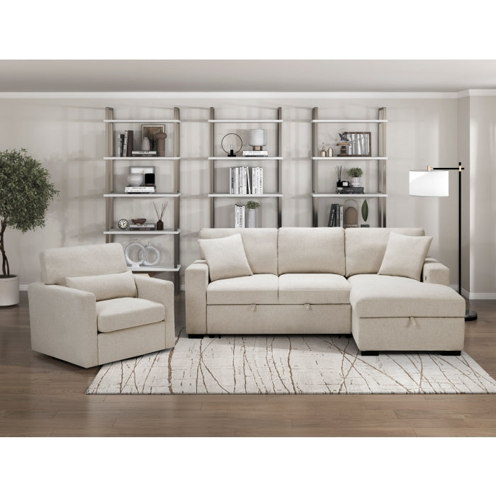 Homelegance 9630BE*22LRC Pompano Beige Pull Out Sofa Chaise w/ Right Side Facing Chaise & Side Shelf Storage