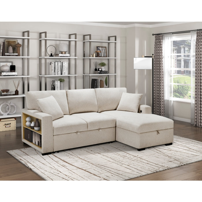 Homelegance 9630BE*22LRC Pompano Beige Pull Out Sofa Chaise w/ Right Side Facing Chaise & Side Shelf Storage