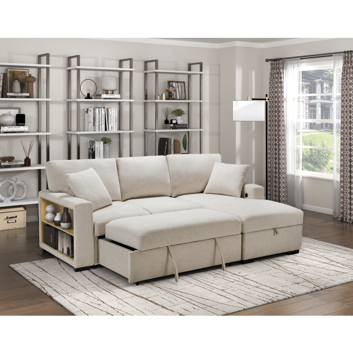 Homelegance 9630BE*22LRC Pompano Beige Pull Out Sofa Chaise w/ Right Side Facing Chaise & Side Shelf Storage