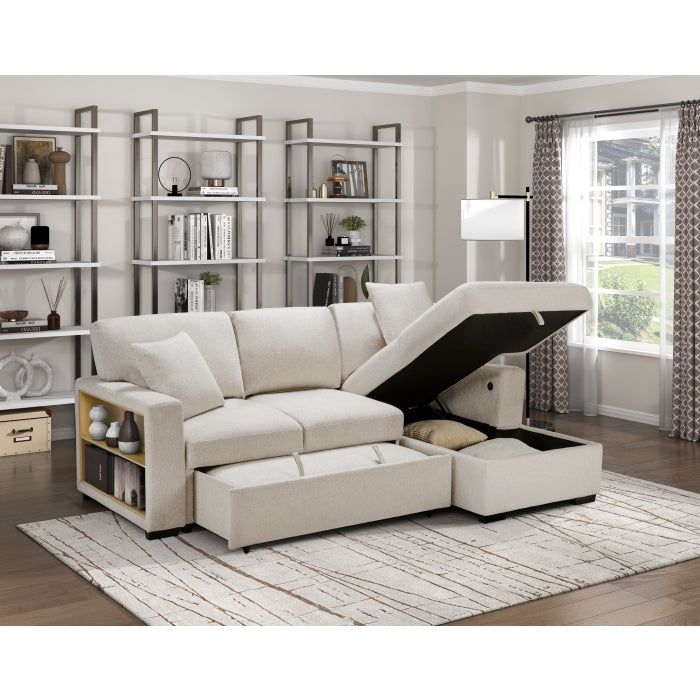 Homelegance 9630BE*22LRC Pompano Beige Pull Out Sofa Chaise w/ Right Side Facing Chaise & Side Shelf Storage