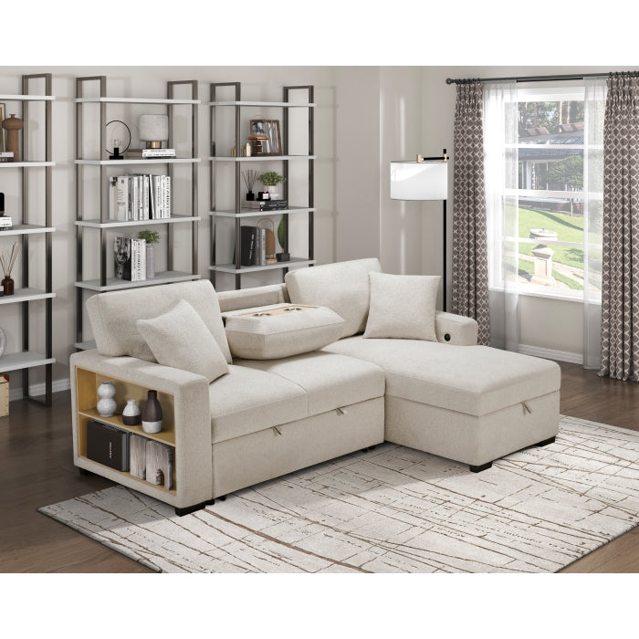 Homelegance 9630BE*22LRC Pompano Beige Pull Out Sofa Chaise w/ Right Side Facing Chaise & Side Shelf Storage