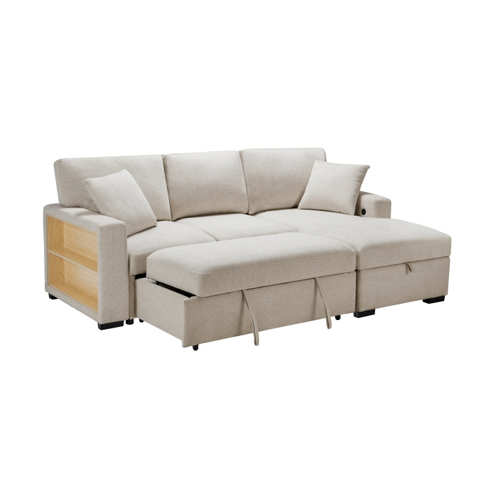 Homelegance 9630BE*22LRC Pompano Beige Pull Out Sofa Chaise w/ Right Side Facing Chaise & Side Shelf Storage