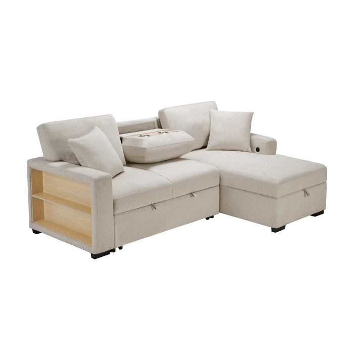 Homelegance 9630BE*22LRC Pompano Beige Pull Out Sofa Chaise w/ Right Side Facing Chaise & Side Shelf Storage