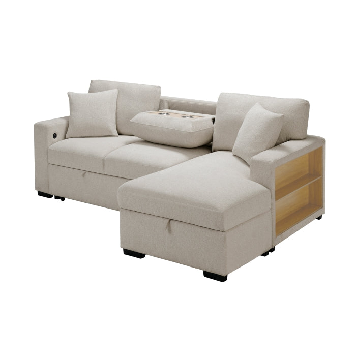 Homelegance 9630BE*22LRC Pompano Beige Pull Out Sofa Chaise w/ Right Side Facing Chaise & Side Shelf Storage