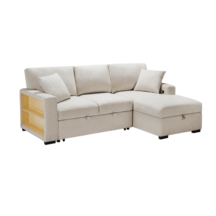 Homelegance 9630BE*22LRC Pompano Beige Pull Out Sofa Chaise w/ Right Side Facing Chaise & Side Shelf Storage