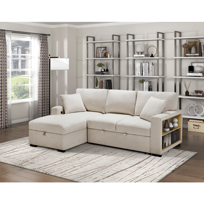 Homelagance 9630BE*2LC2R Pompano Beige Sectional Sofa LHF Chaise w/ Pull Out Storage Chaise, Charging Ports