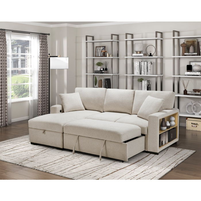 Homelagance 9630BE*2LC2R Pompano Beige Sectional Sofa Chaise w/ Pull Out, Storage Chaise, Charging Ports