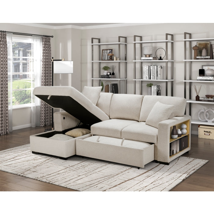 Homelagance 9630BE*2LC2R Pompano Beige Sectional Sofa Chaise w/ Pull Out, Storage Chaise, Charging Ports