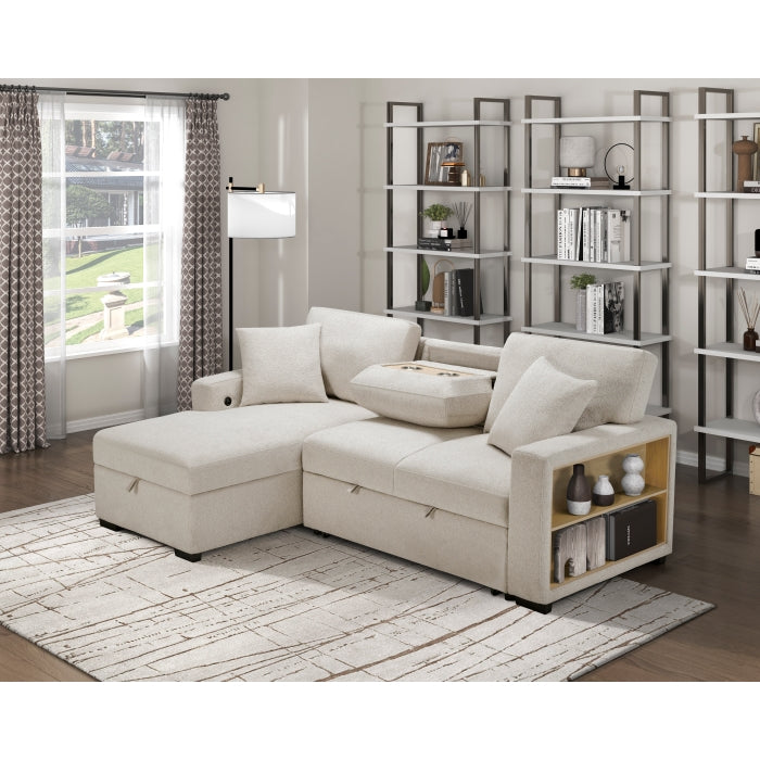 Homelagance 9630BE*2LC2R Pompano Beige Sectional Sofa Chaise w/ Pull Out, Storage Chaise, Charging Ports