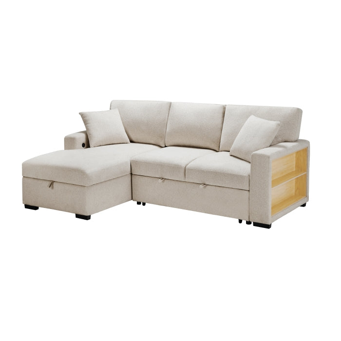 Homelagance 9630BE*2LC2R Pompano Beige Sectional Sofa Chaise w/ Pull Out, Storage Chaise, Charging Ports