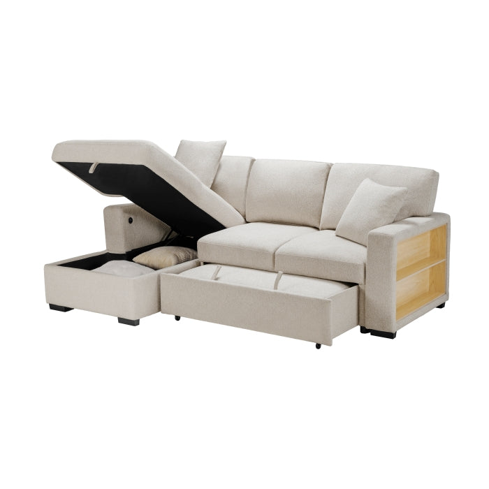 Homelagance 9630BE*2LC2R Pompano Beige Sectional Sofa Chaise w/ Pull Out, Storage Chaise, Charging Ports