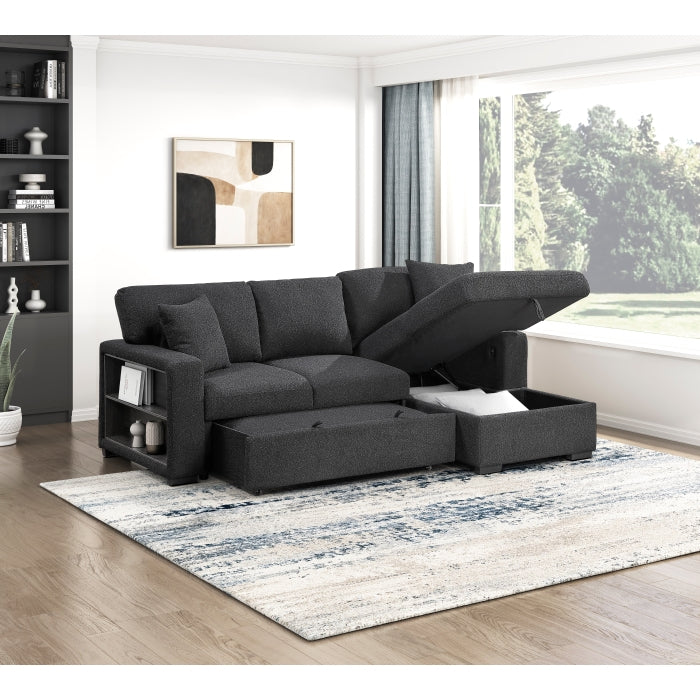 Homelegance 9630BK*22LRC Pompano Black Pull Out Sofa Chaise w/ Right Side Facing Chaise & Side Shelf Storage
