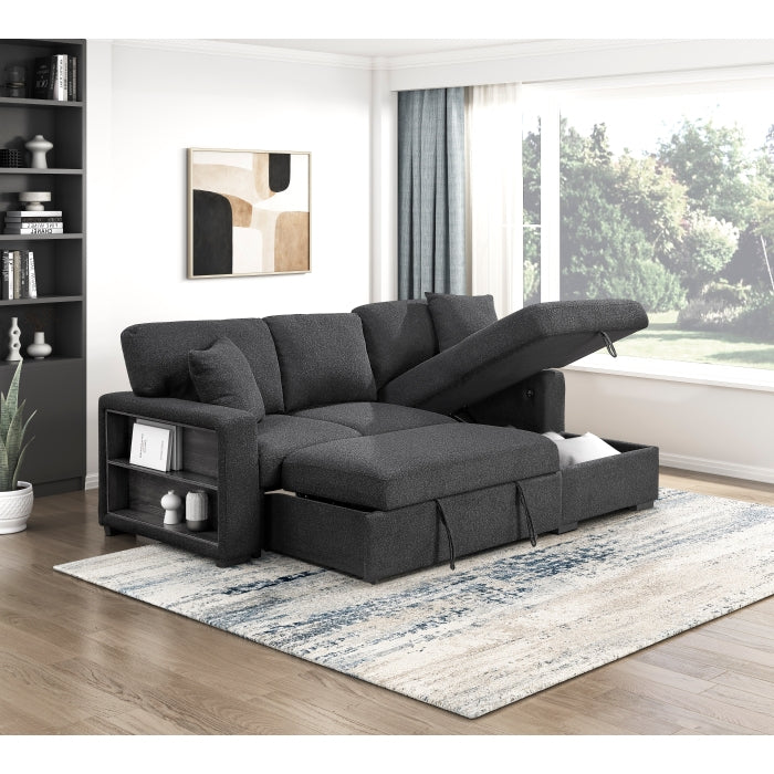 Homelegance 9630BK*22LRC Pompano Black Pull Out Sofa Chaise w/ Right Side Facing Chaise & Side Shelf Storage