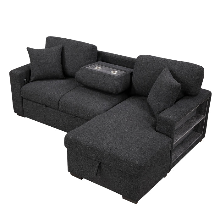 Homelegance 9630BK*22LRC Pompano Black Pull Out Sofa Chaise w/ Right Side Facing Chaise & Side Shelf Storage