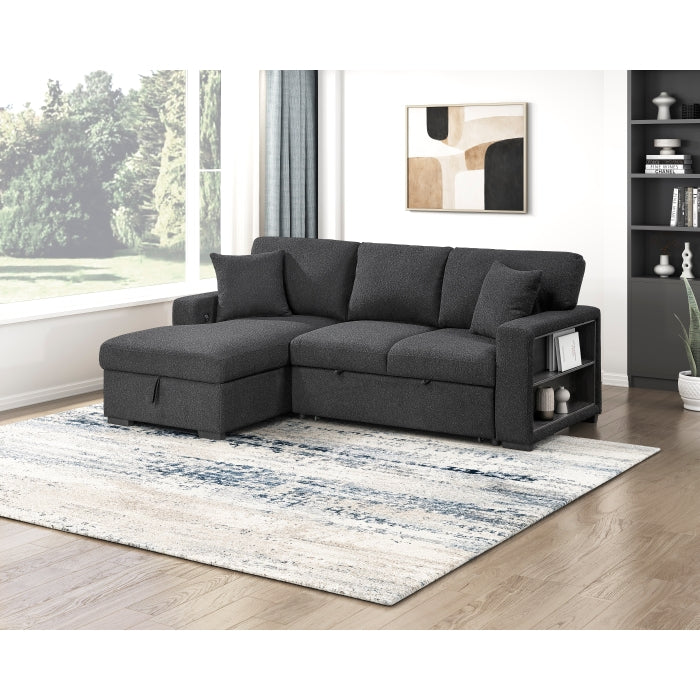 Homelegance 9630BK*2LC2R Pompano Black Pull Out Sofa w/ Left Side Facing Chaise & Side Shelf Storage