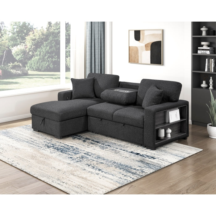 Homelegance 9630BK*2LC2R Pompano Black Pull Out Sofa w/ Left Side Facing Chaise & Side Shelf Storage