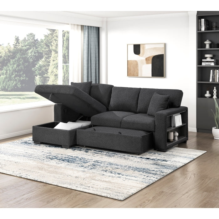 Homelegance 9630BK*2LC2R Pompano Black Pull Out Sofa w/ Left Side Facing Chaise & Side Shelf Storage