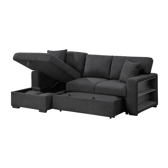 Homelegance 9630BK*2LC2R Pompano Black Pull Out Sofa w/ Left Side Facing Chaise & Side Shelf Storage