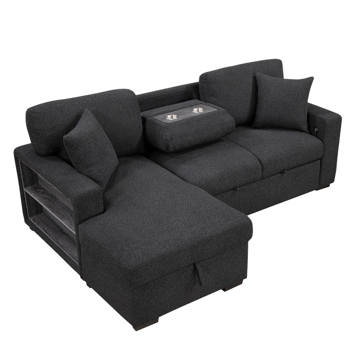 Homelegance 9630BK*2LC2R Pompano Black Pull Out Sofa w/ Left Side Facing Chaise & Side Shelf Storage