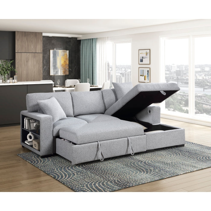 Homelegance 9630GY*22LRC Pompano Grey Pull Out Sofa Chaise w/ Right Side Facing Chaise & Side Shelf Storage