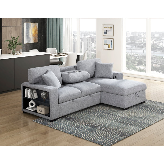 Homelegance 9630GY*22LRC Pompano Grey Pull Out Sofa Chaise w/ Right Side Facing Chaise & Side Shelf Storage
