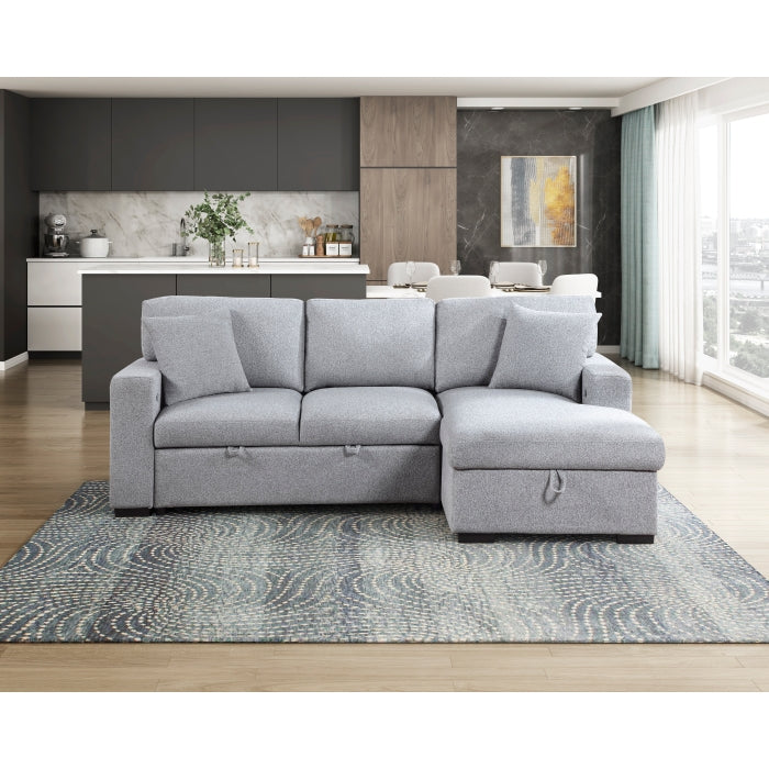 Homelegance 9630GY*22LRC Pompano Grey Pull Out Sofa Chaise w/ Right Side Facing Chaise & Side Shelf Storage