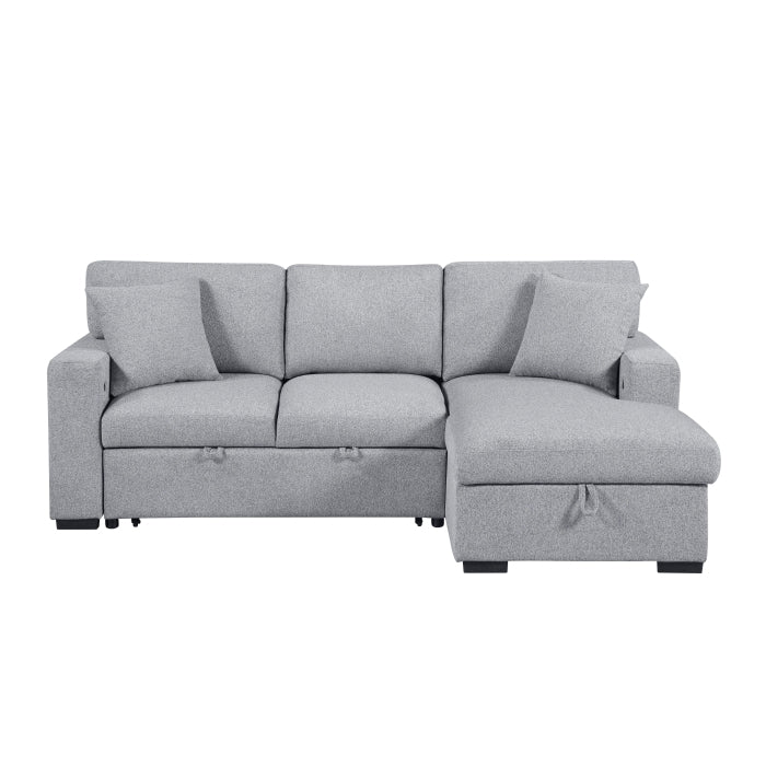 Homelegance 9630GY*22LRC Pompano Grey Pull Out Sofa Chaise w/ Right Side Facing Chaise & Side Shelf Storage