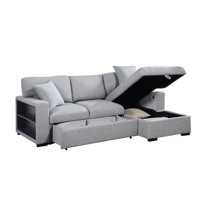 Homelegance 9630GY*22LRC Pompano Grey Pull Out Sofa Chaise w/ Right Side Facing Chaise & Side Shelf Storage