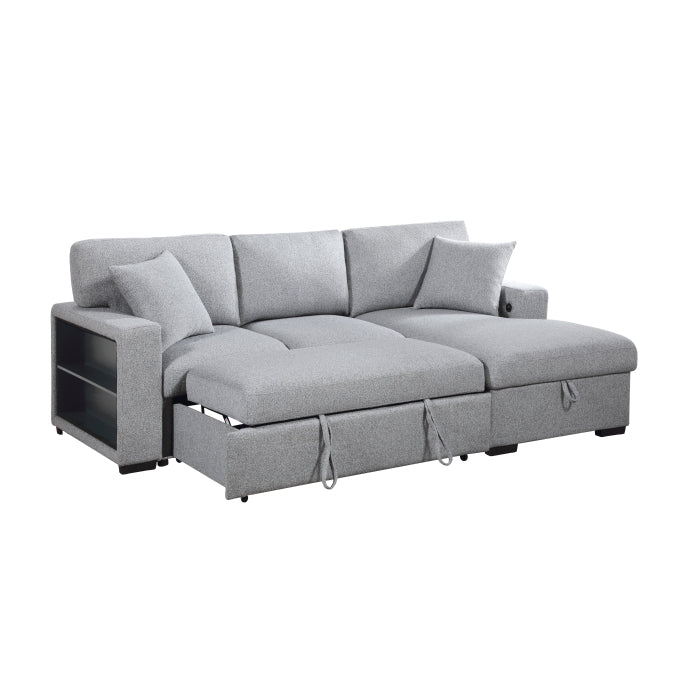 Homelegance 9630GY*22LRC Pompano Grey Pull Out Sofa Chaise w/ Right Side Facing Chaise & Side Shelf Storage