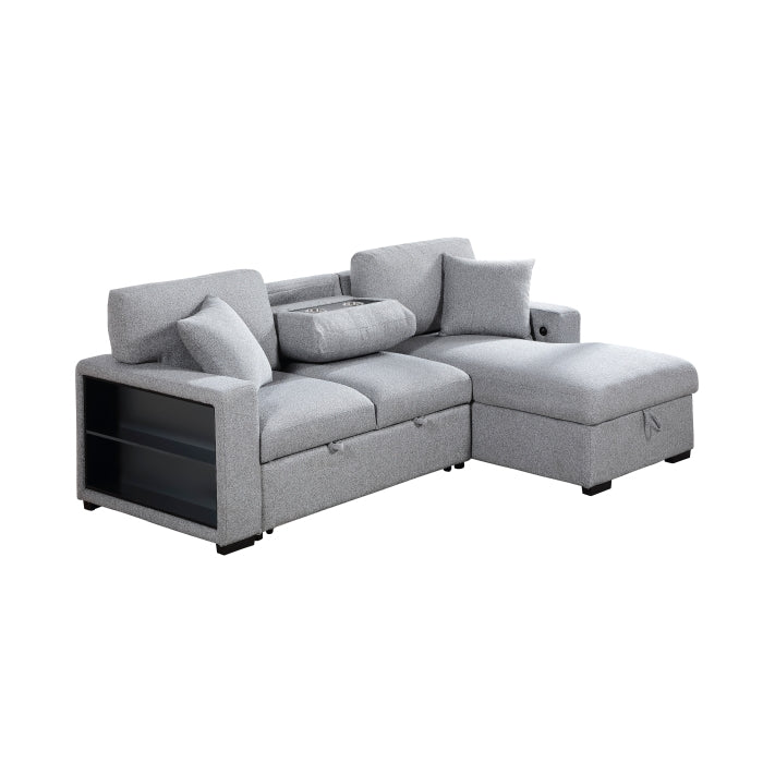 Homelegance 9630GY*22LRC Pompano Grey Pull Out Sofa Chaise w/ Right Side Facing Chaise & Side Shelf Storage