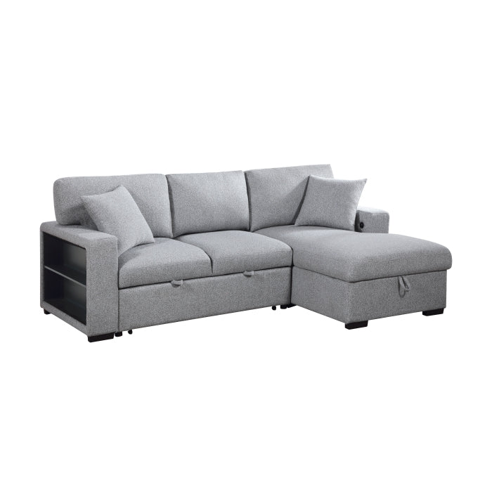 Homelegance 9630GY*22LRC Pompano Grey Pull Out Sofa Chaise w/ Right Side Facing Chaise & Side Shelf Storage