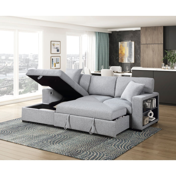 Homelegance 9630GY*2LC2R Pompano Grey Pull Out Sofa w/ Left Side Facing Chaise & Side Shelf Storage