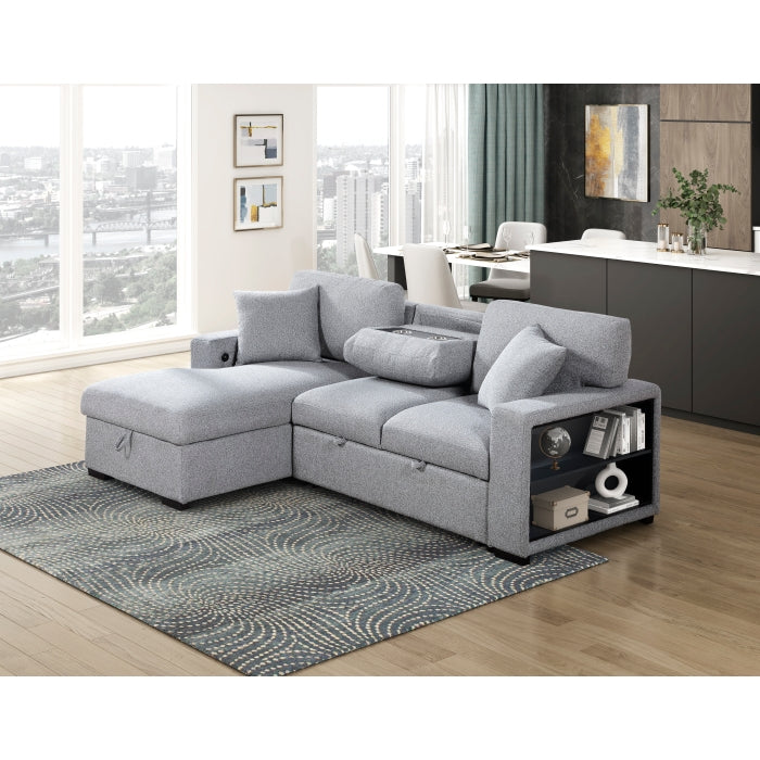 Homelegance 9630GY*2LC2R Pompano Grey Pull Out Sofa w/ Left Side Facing Chaise & Side Shelf Storage