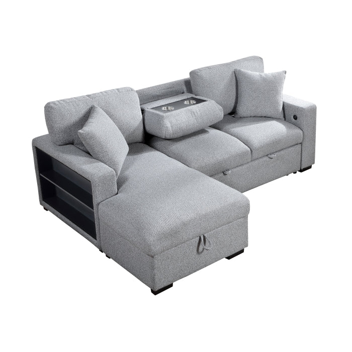 Homelegance 9630GY*2LC2R Pompano Grey Pull Out Sofa w/ Left Side Facing Chaise & Side Shelf Storage