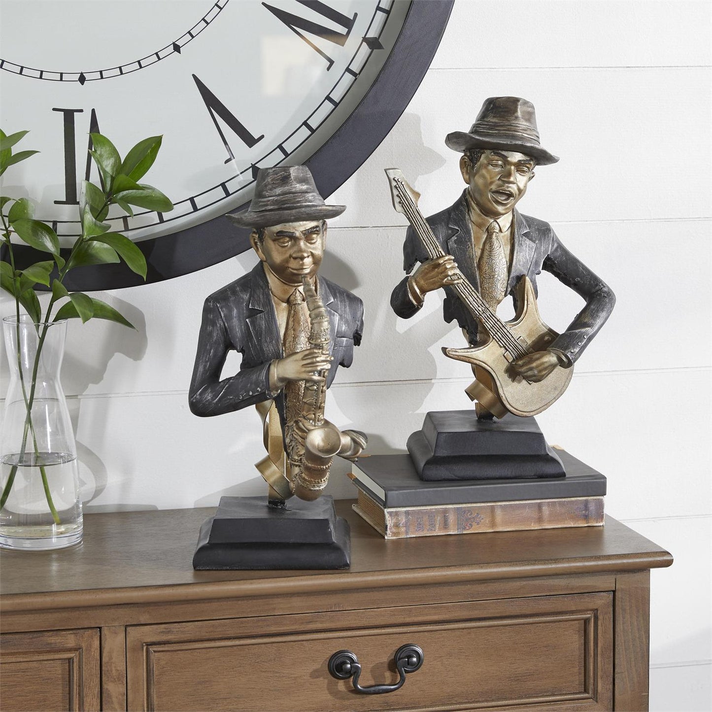 UMA 98690 Gold Polystone Musician Decorative Sculpture, Set of 2 14", 14"H