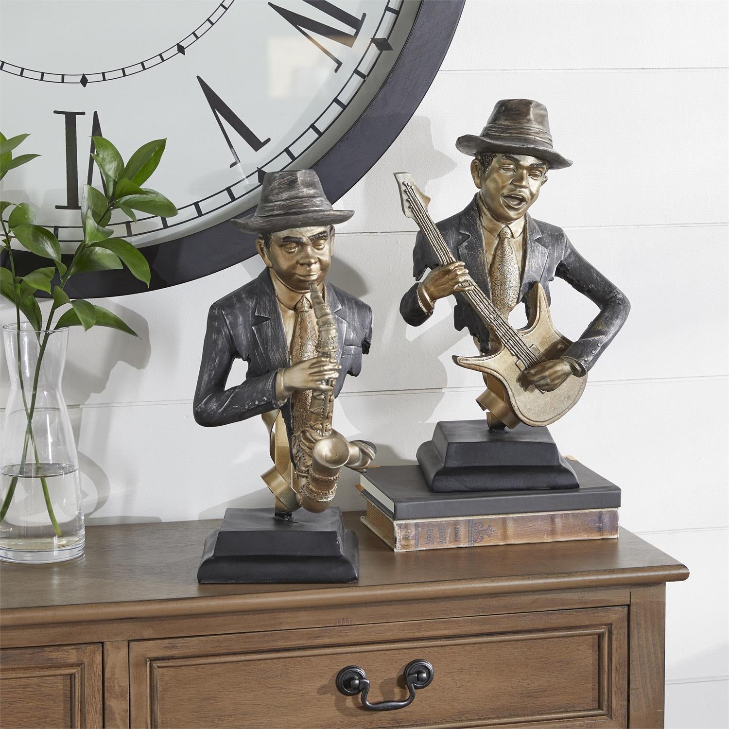 UMA 98690 Gold Polystone Musician Decorative Sculpture, Set of 2 14", 14"H
