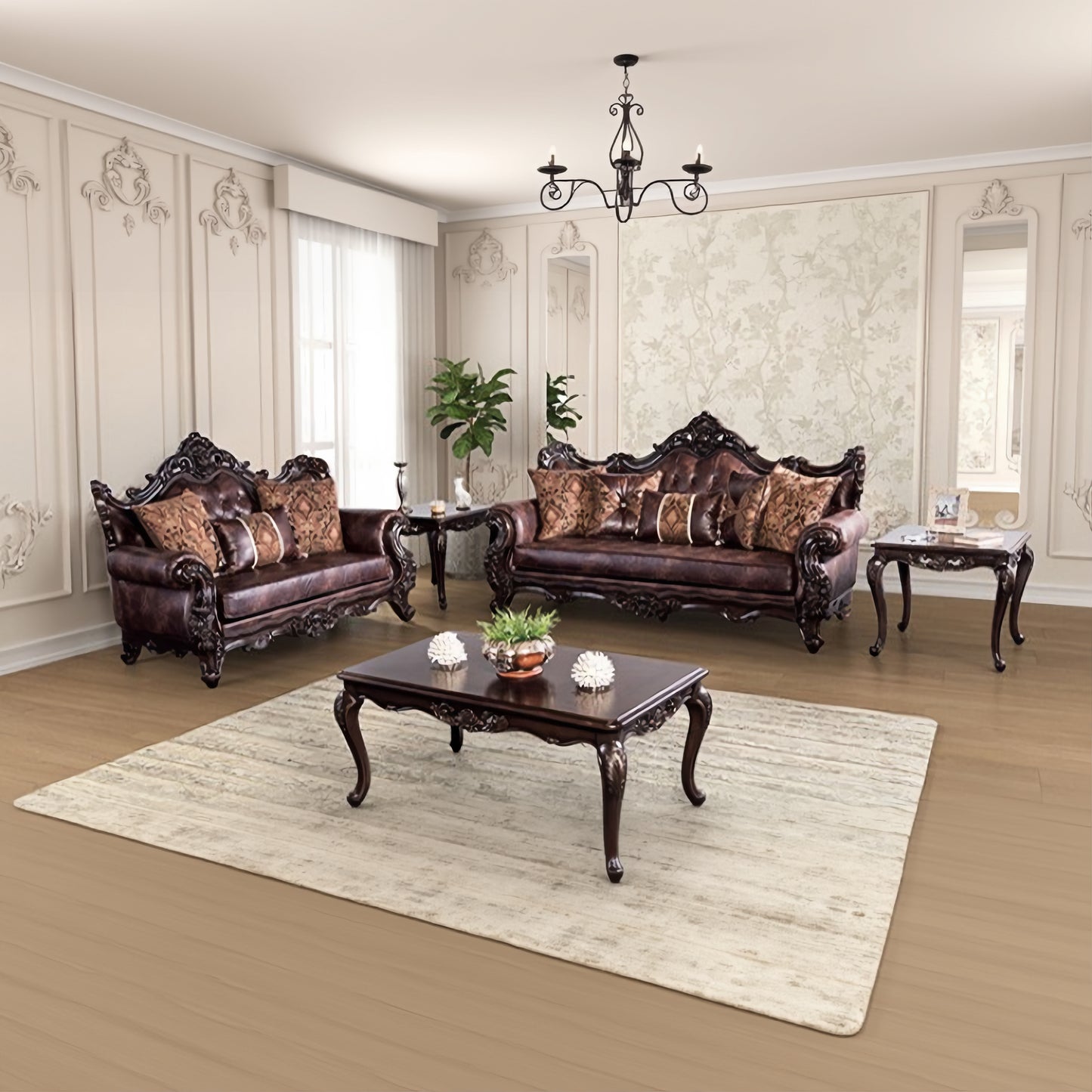 FOA FM65005BR Palencia Traditional Sofa Loveseat Set