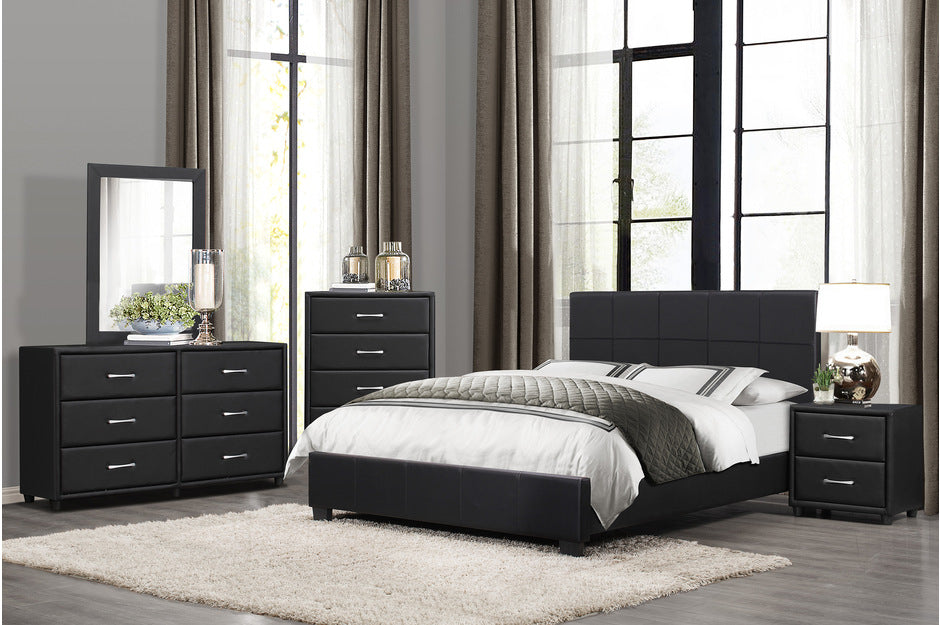 Homelegance 2220-5/6 Lorenzi Black Faux Leather Upholstered 6 Drawer Dresser w/ Black Mirror