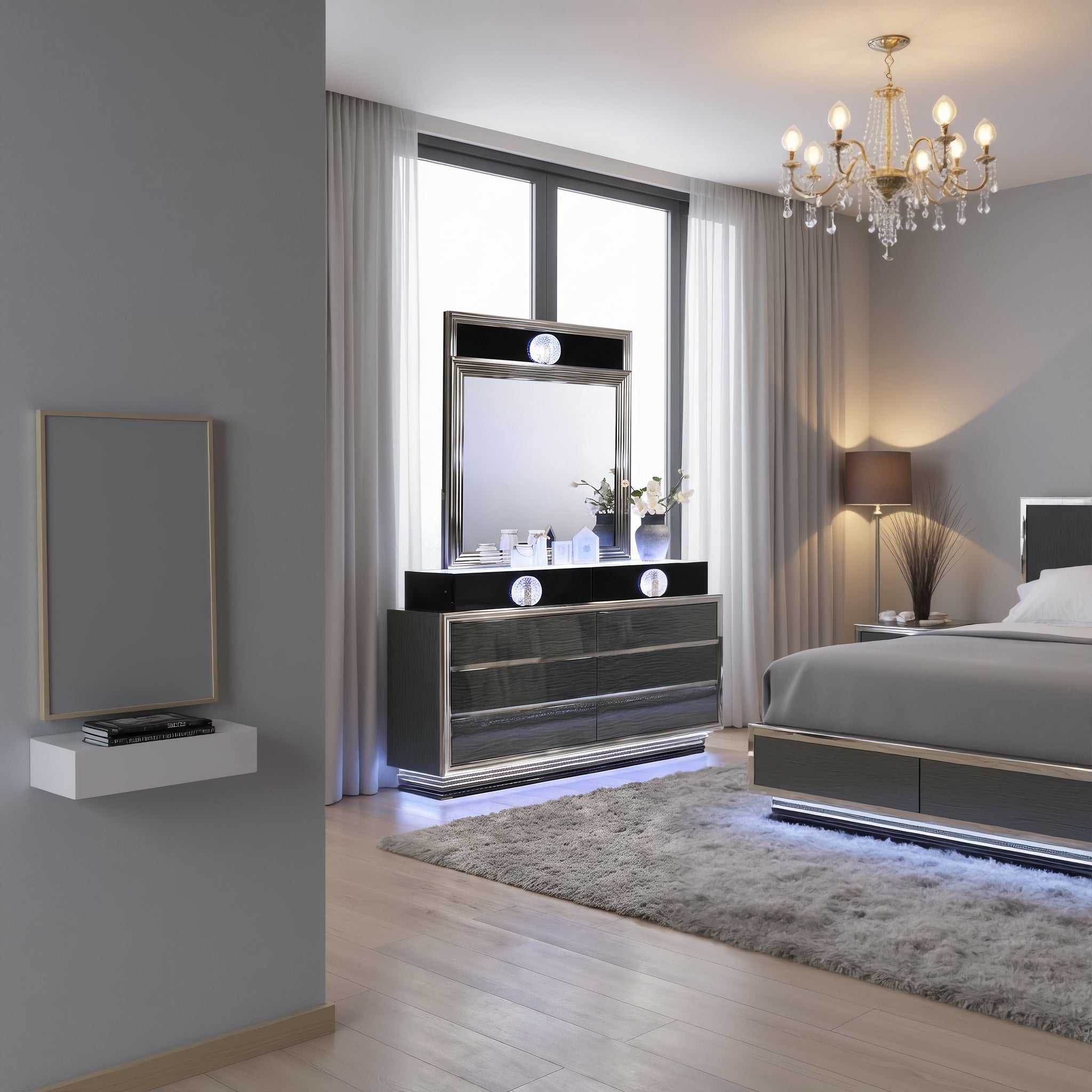 FOA FM72020DG-DM Noire Gray & Black LED Dresser Mirror Set
