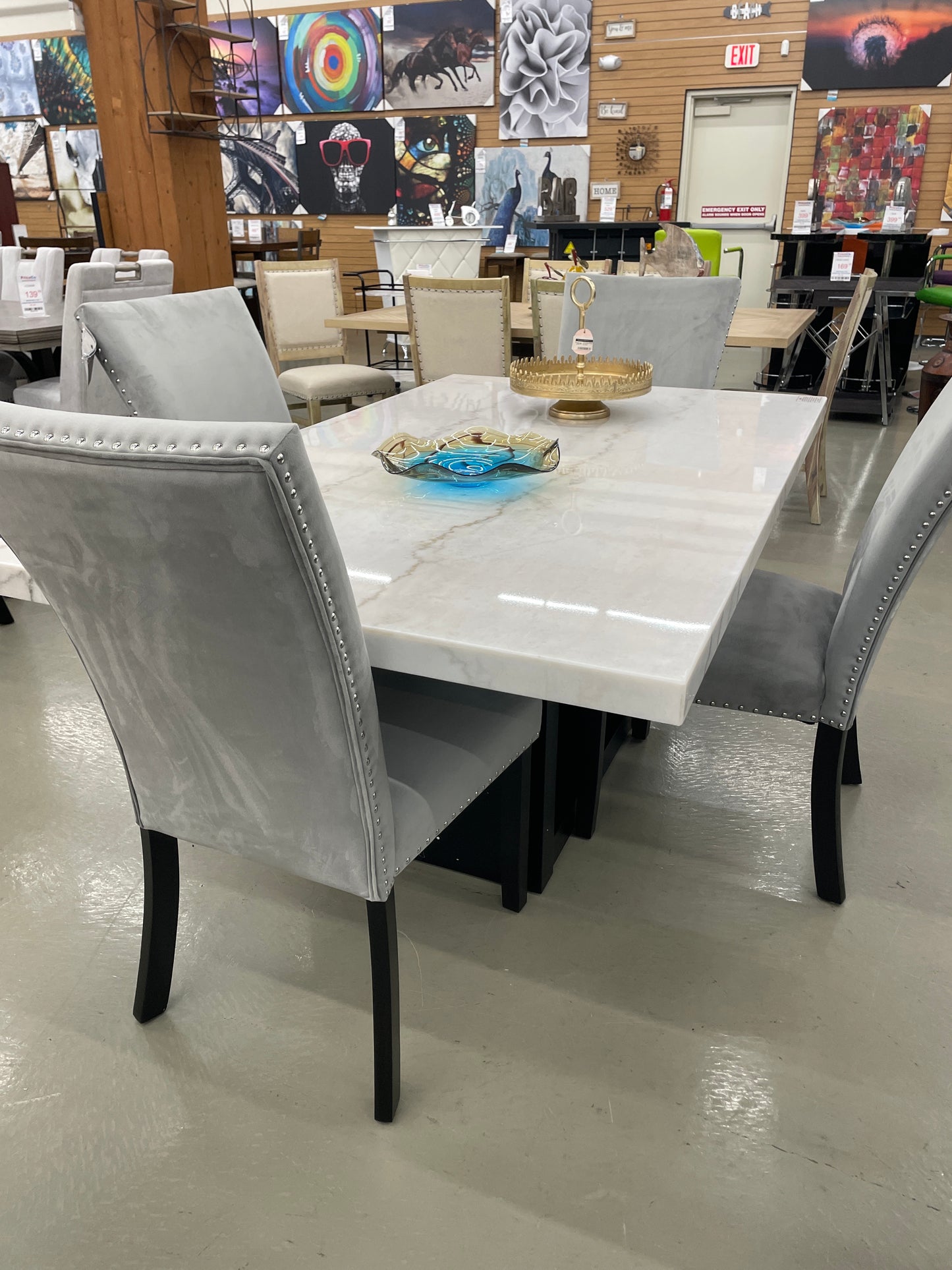 FOA CM3744GY Kian White Marble 5pc Table Set w/ Grey Velvet Side Chairs