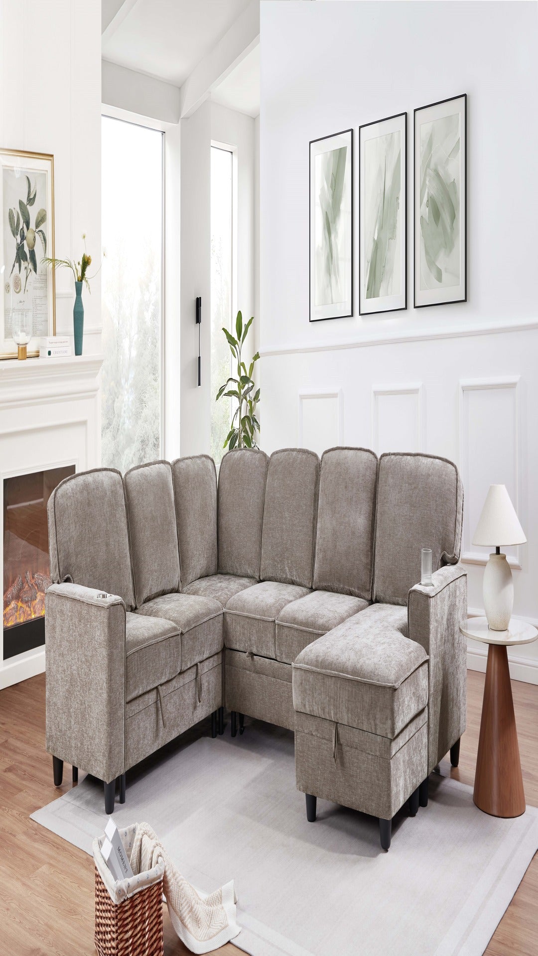 FOA 6119BR-SECT Grayish Brown Sectional w/ Pull Out Bed, Storage Chaise, Storage Loveseat