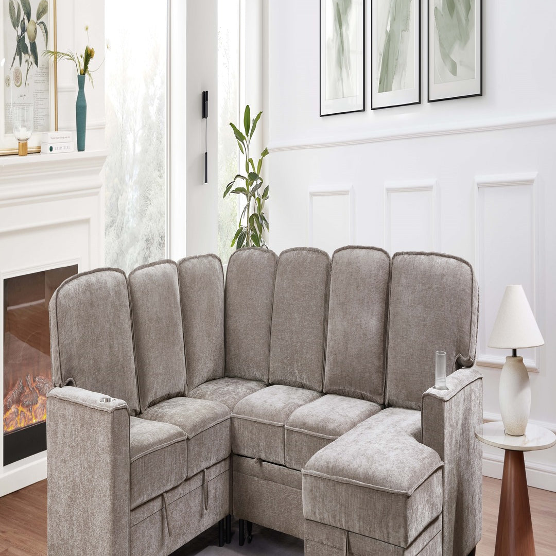 FOA 6119BR-SECT Grayish Brown Sectional w/ Pull Out Bed, Storage Chaise, Storage Loveseat