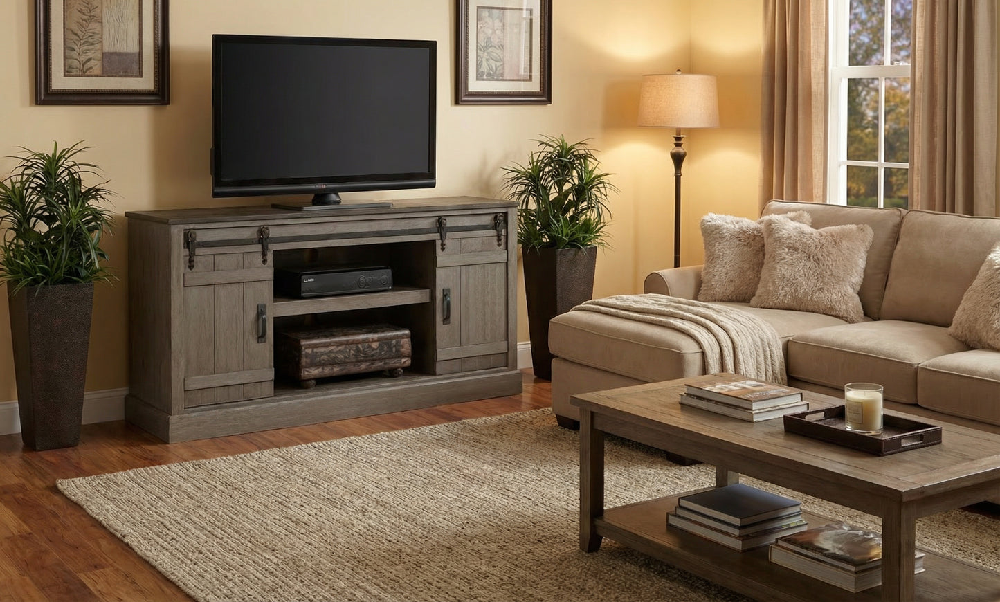 Milton DSE7233BDC-HG-RG Descano Rain Gray Barndoor TV Stand Console