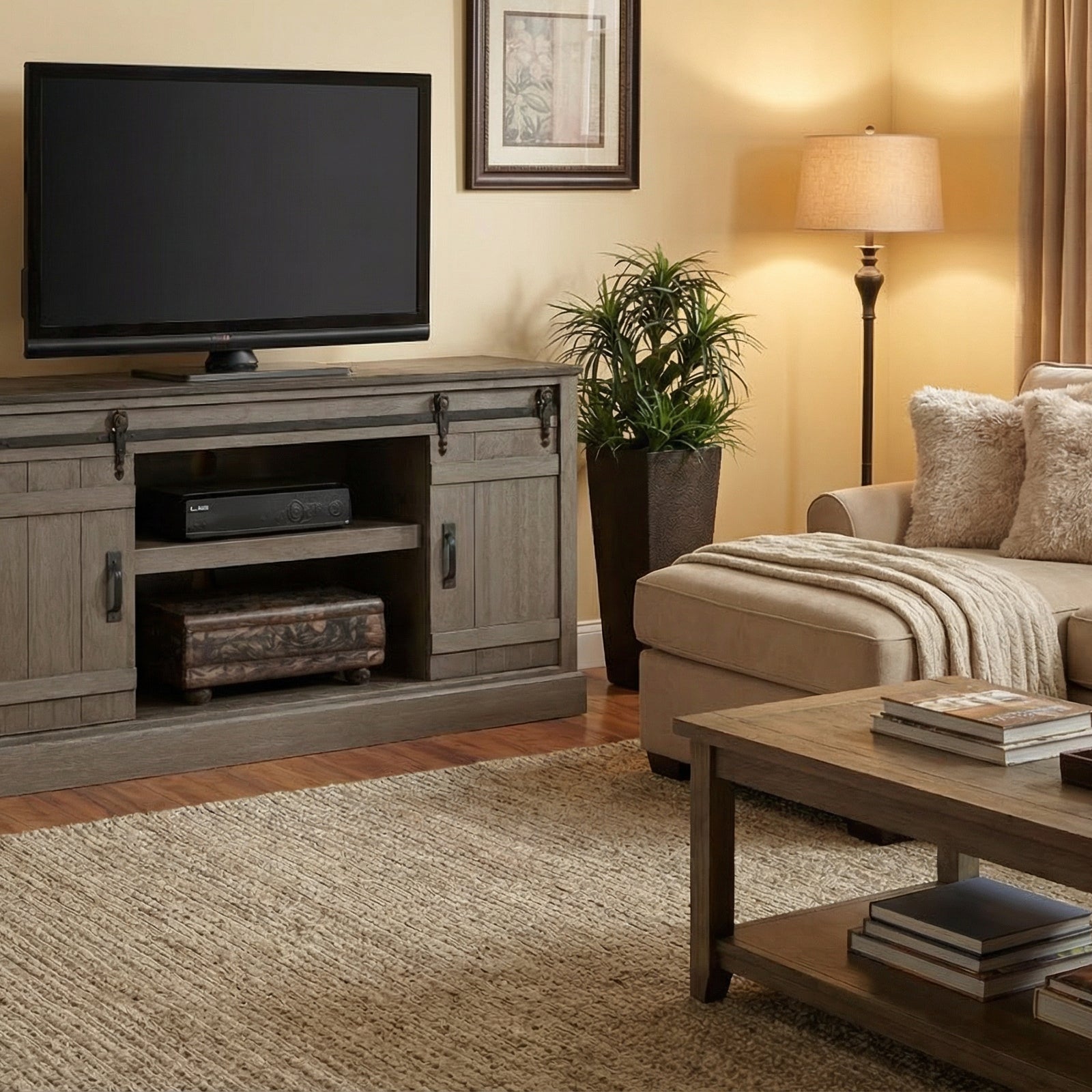Milton DSE7233BDC-HG-RG Descano Rain Gray Barndoor TV Stand Console