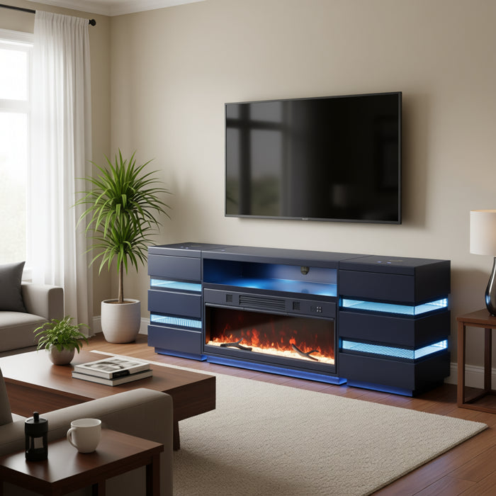 FOA FM-AC8024BK-TV-SET Terni Black TV Stand w/ Fireplace & 2 Side Tables